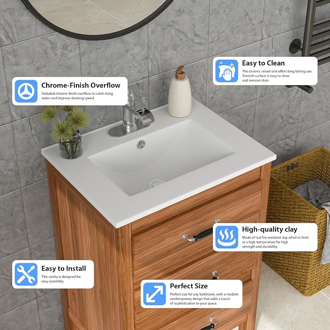 Lordear White Bathroom Sink 24 X18 Inch Vanity Sink Tops One Hole Drop In Porcelain Ceramic Bathroom Vanity Top Sink Basin 24" Inch Sinks for Bathroom