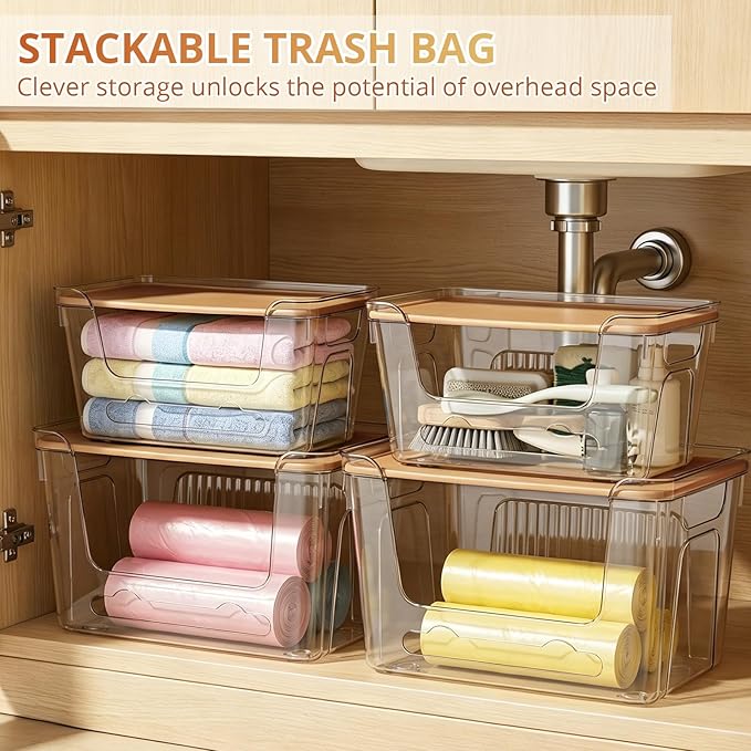 CANTAMI 4 Pack Trash Bag Dispenser With Lid, Stackable Plastic Trash Bag Holder, Clear Trash Bag Organizer for Kitchen, Laundry Room, Under Sink Organization and Storage