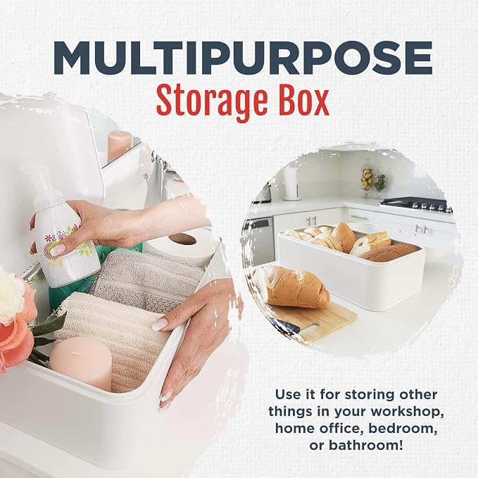 Culinary Couture Extra Large White Bread Box for Kitchen Countertop - Holds 2 Loaves - 16.5" x 9" x 6.5" - Stainless Steel Vintage Bread Boxes for Kitchen Counters