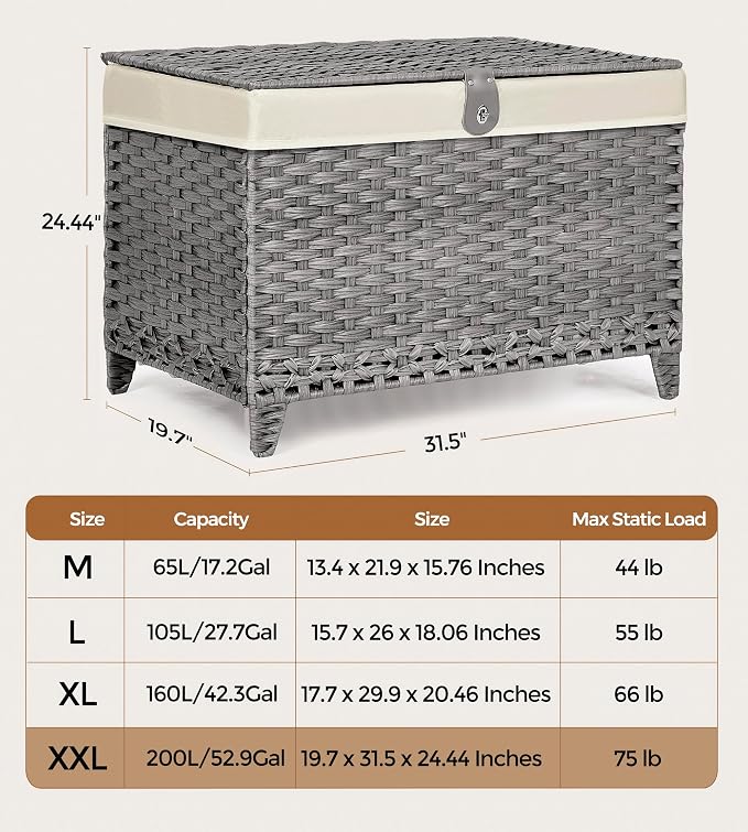Honjourai Wicker Storage Basket with Lid,Rattan Shelf Basket with Removable Liner Bag,200L Storage Bin,Storage Trunk with Heightened Feet,Storage Container for Wardrobe,Home Organizer