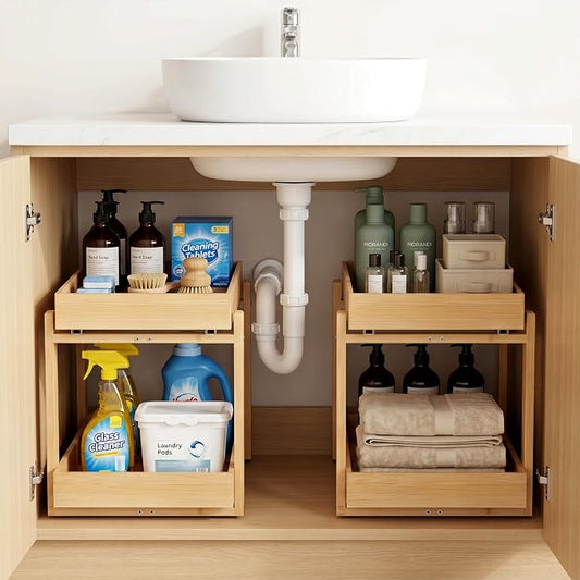 Bamboo Under Sink Storage 2 Tier Pull Out Cabinet Organizer Slide Out Under Sink Storage Shelf Undersink Organizers Shelves for Kitchen Bathroom Organization (Nature, 2 Pack)