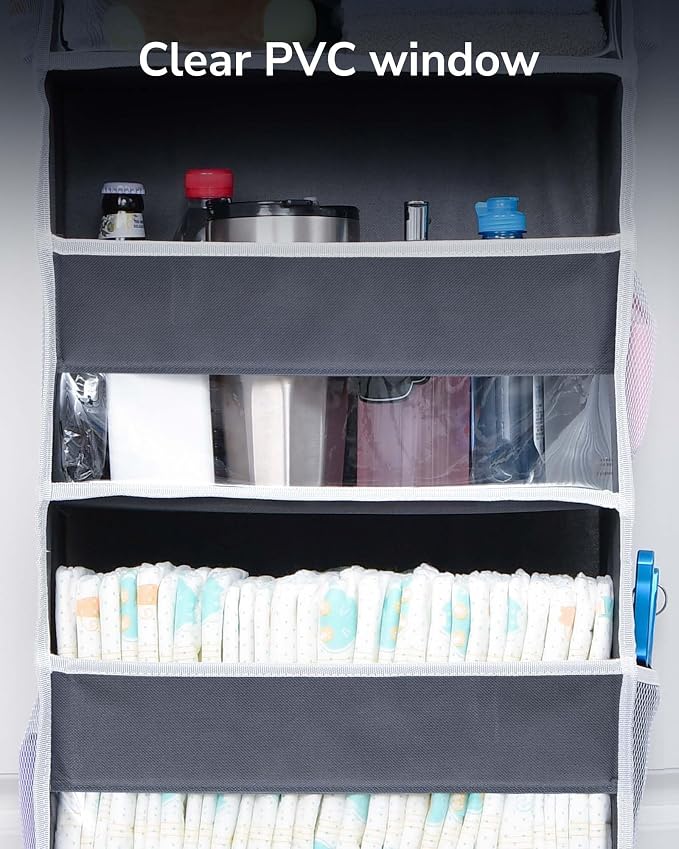 ULG 1 Pack Over Door Organizer with 5 Large and 10 Mesh Side Pockets, 44 lbs Weight Capacity Hanging Storage with Clear Window Kids Toys, Shoes, Diapers, Dark Grey, 5 Layers