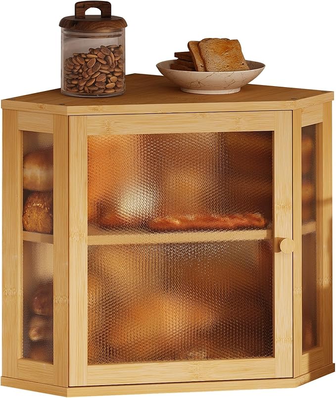 Corner Bread Box for Kitchen Countertop,Bread Storage for Homemade Bread, Double Layer Large Bamboo Kitchen Storage Bin with Window (Natural, Medium)