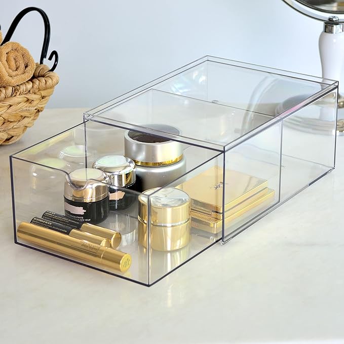 Youngever 2 Pack Stackable Plastic Organiser Drawers, Clear Cosmetic Organizers, Makeup Organiser Drawers