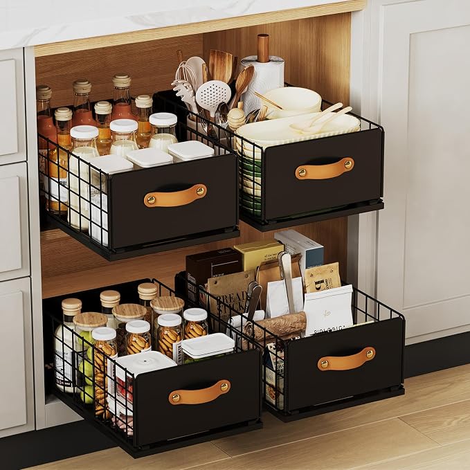 Pull Out Cabinet Organizer, No-Drill Pantry Drawers, Slide Out Shelves with Bamboo Risers for Lipped Cabinets,Ideal for Kitchen, Bathroom & Under Sink Storage (Black, 9.8" Wide-15.7" Deep)