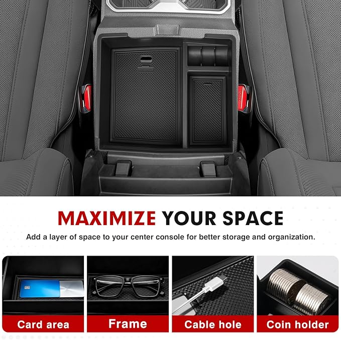 Autorder Center Console Organizer for 2024-2026 Toyota Tacoma Accessories Armrest Storage Box Secondary Insert Tray with Black Non-Slip Silicone Mats
