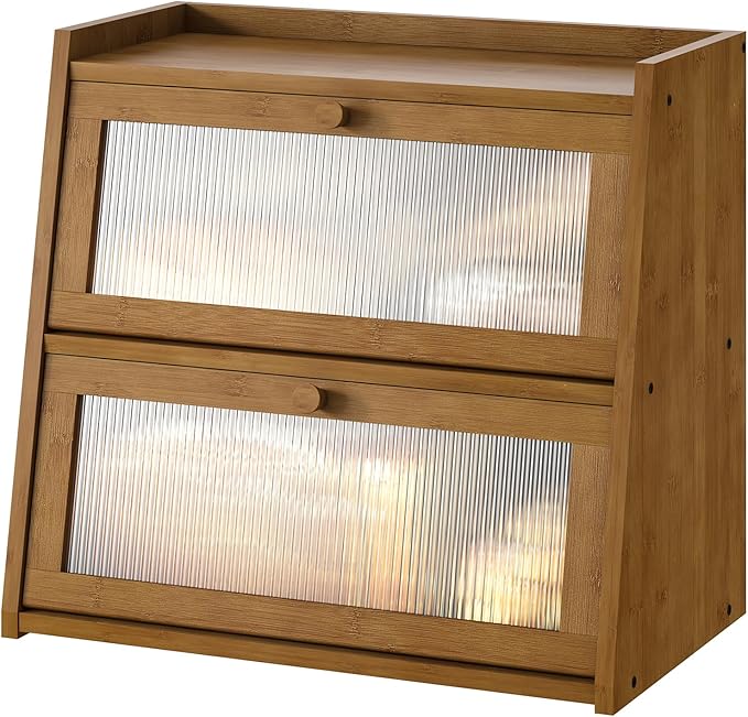 kiplant Bread Box for Kitchen Counter, Double Layer Large Bamboo Wood Bread Box, Bamboo Bread Storage Container with Wavy Arcylic Transparent Door