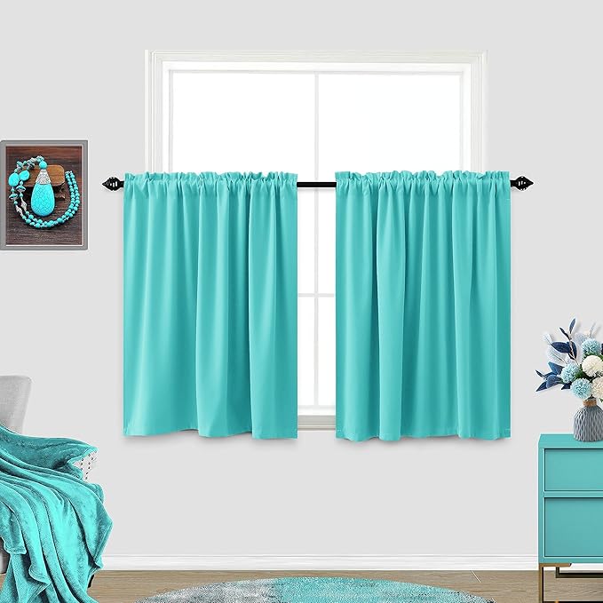 Turquoise Bathroom Curtains - Set of 2 Panels, 36 Inches Long, Room Darkening, Cafe Style, Blackout Half Curtains for Small Windows, 34x36 Length