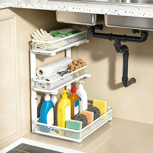 Under Sink Organizer, White, 3-Tier, 1 Pack | Height Adjustable, Thickened Metal, Pull Out Cabinet Shelf, Space-Saving Slide Out Storage Drawer