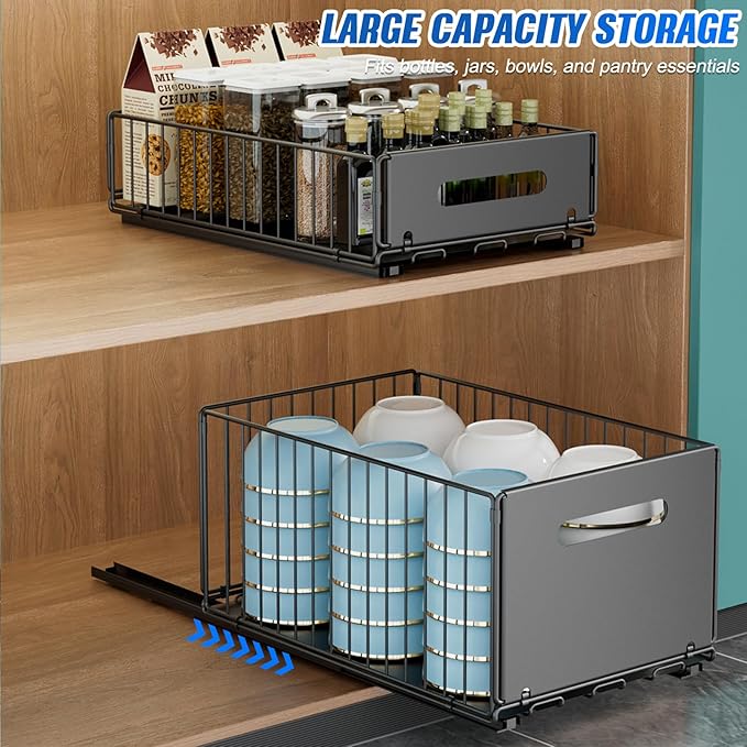 2 Pack Pull Out Cabinet Organizer, 15"" Depth Slide Out Pantry Drawer with Nano Adhesive (No Drilling), Heavy Duty Wire Basket for Kitchen, Under Sink, Bathroom, 9.44"" W x 3.54"" H, Black