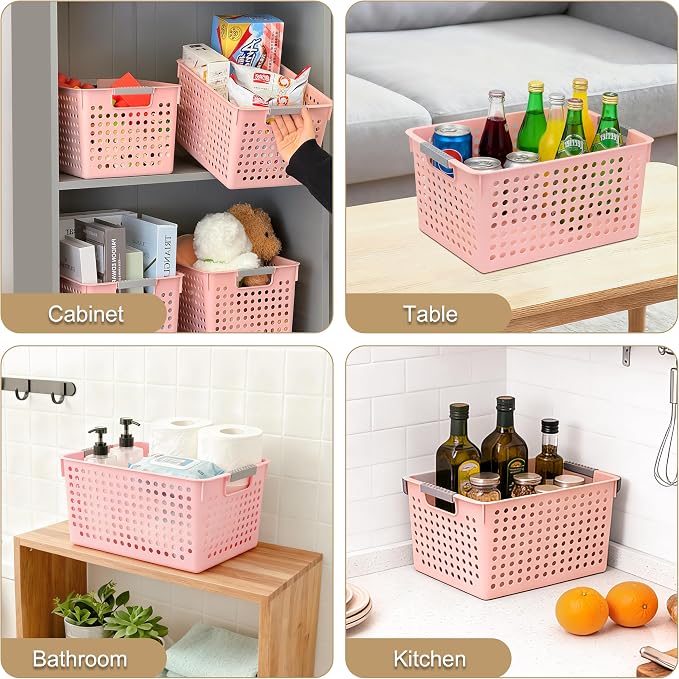 Soddeph 4 Pack Plastic Deep Storage Basket with Handles, Cubbies Organizer Bins with Hollow Design for Under Counter, Closet, Kitchen or Bathroom 12.3" × 8.7" × 6.9"(Pink, Medium)