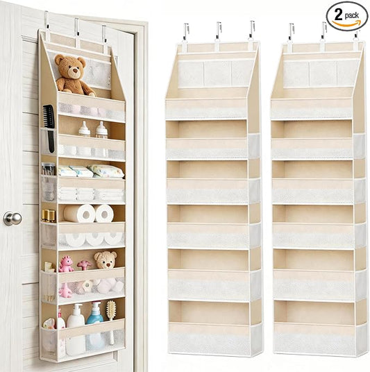 KMSCO Over The Door Organizer, 6 Large Pockets + 13 Mesh Side Pockets, Hanging Storage, 55lbs Capacity, Heavy Duty Non-Woven Fabric for Baby Nursery, Bathroom, Pantry, Closet, Beige, 2 Pack