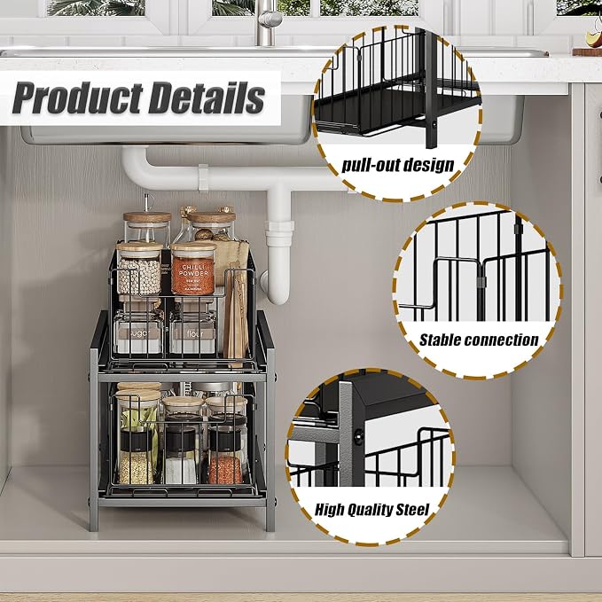 INGIORDAR 1 Pack Under Sink Organizer 2 Tier Multi Purpose Pull Out Cabinet Storage Organizers for Bathroom and Kitchen Under Sink Shelf Rust-resistant Coating Height Adjustable Black