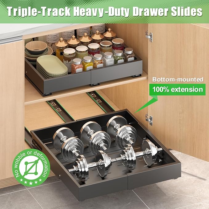 2 Pcs Pull Out Drawers for Cabinets Organizer Expandable Width(11.8"-19.4"), Depth(16.45"-21.7") With 3 Rails, No Drill Roll Out Drawer, Adhesive Sliding Drawers for Kitchen Pantry Storage (Black)