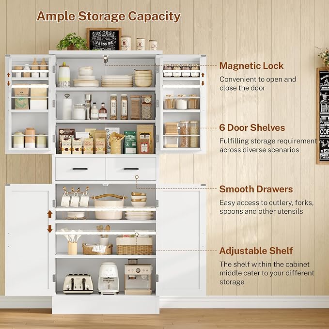 TEENFON Farmhouse Pantry Cabinet, 66.9″H Tall Kitchen Storage Cabinet with Barn Doors, Adjustable Shelves & Drawer, Freestanding Cupboard for Kitchen, Dining Room, Living Room, Bathroom, White