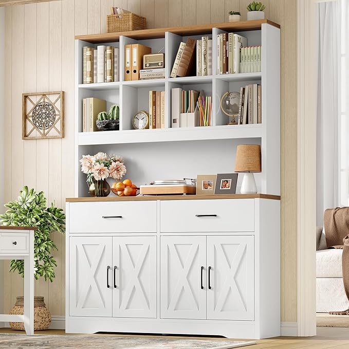 TEENFON Bookshelf and Bookcase, 5 Tier Floor Standing Bookshelves, Large Bookcases with Drawers and Storage Cabinet, 8 Open Storage Shelves and Printer Stand for Study, Living Room, Office