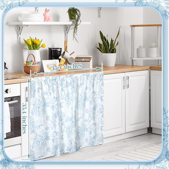 VitalCozy Cabinet Curtains 35" W x 35" L Sink Skirt for Bathroom Kitchen Blue Flower Floral Cabinet Curtains for Classroom Home Farmhouse Rustic Drape Under Desk Privacy Drape for Laundry Room