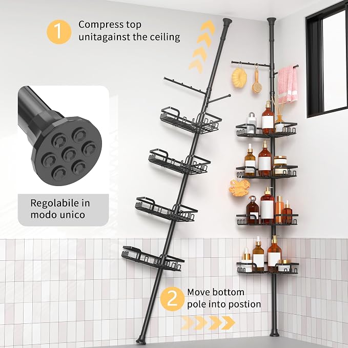 ZUNTO Tension Pole Shower Caddy with 2 Towel Holder and Hooks for Bathroom, Adjustable 25in-114in Floor to Ceiling Shower Organizer, Standing 4 Tier Corner Shelves for Storage and Hanging, Matte Black