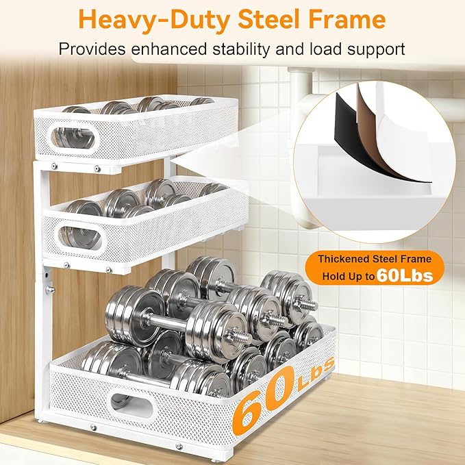 Under Sink Organizer for Bathroom, 3 Tier Adjustable Height Under Sink Storage, Sliding Pull Out Cabinet Organizer Shelf, Metal Multi-Purpose Cabinet Organizer for Kitchen (2 Pack, White)