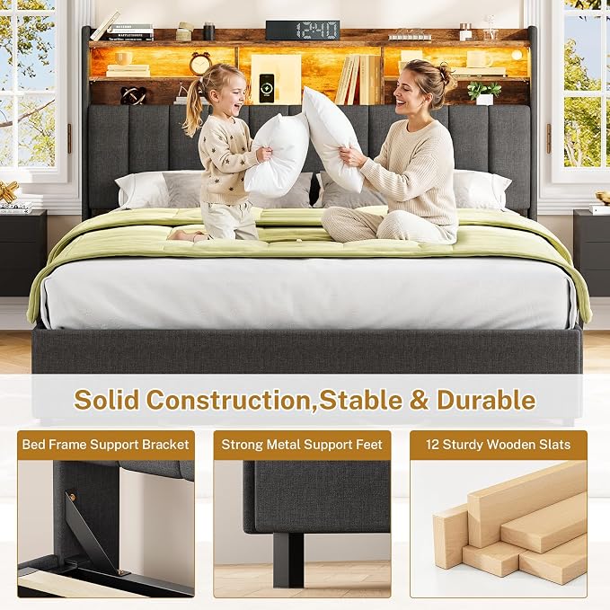 TEENFON Queen Bed Frame with Headboard and 4 Drawers Storage, Bed Frame Queen Size Built in LED Lights and Charging Station, Sturdy & Noise-Free Upholstered Platform Metal Support Bed, Dark Grey