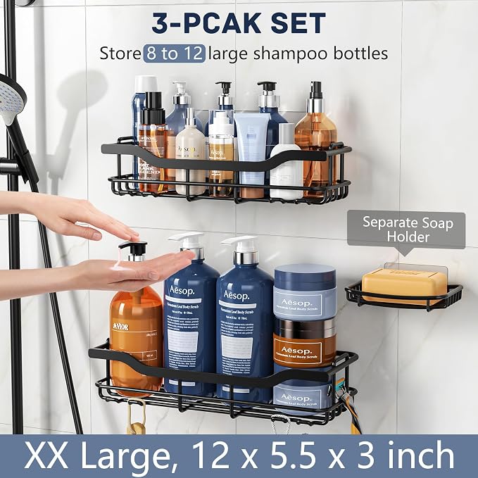 OMAIRA 3-Pack Shower Caddy with Soap Holder, Adhesive Rustproof No-drill Strudy Loading Inside Shower Organizer Shelves Rack Storage Bathroom Organization for Smooth Wall Glass Tile, Black (X-Large)