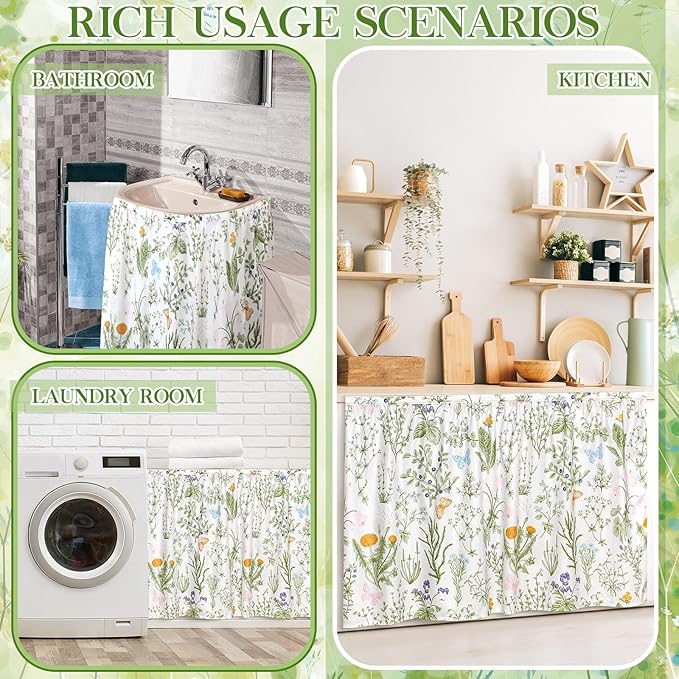 VitalCozy Cabinet Curtains 27.6" W x 35.4" L Sink Skirt for Bathroom Kitchen Spring Botanical Floral Cabinet Curtains for Classroom Home Farmhouse Rustic Drape Under Desk Privacy Drape for Laundry