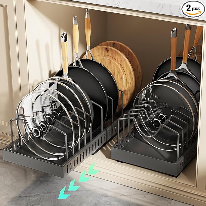 Pull Out Pots and Pans Organizer Under Cabinet, Expandable Sliding Lid Holder and Pan Rack for Kitchen, Slide Out Inside Cabinet for Pot Lid, Bakeware, Dishes, 10 Adjustable Dividers, 2 Pack Black