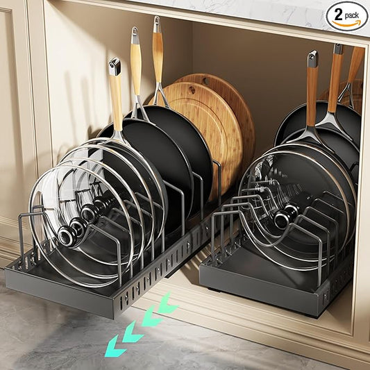 Pull Out Pots and Pans Organizer Under Cabinet, Expandable Sliding Lid Holder and Pan Rack for Kitchen, Slide Out Inside Cabinet for Pot Lid, Bakeware, Dishes, 10 Adjustable Dividers, 2 Pack Black