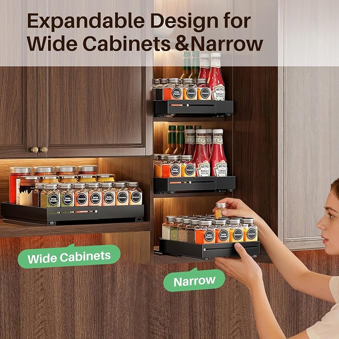SNTD Pull Out Spice Rack for Upper Cabinet - Expandable Organizer with Smooth Ball Bearing Slides, No Drill Mounting Spice Storage for Kitchen (2 Pack, 7.2" to 12.9" W X 10" D X 2.2" H)