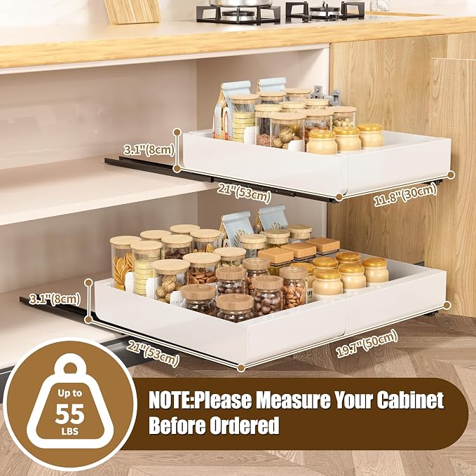 Pull Out Cabinet Organizer, Width Expandable (11.7"-19.7") Heavy Duty Slide Out Drawers Fixed with Adhesive Nano Film for Pots, Roll Out Shelf Storage For Kitchen,Pantry,Garage,Bathroom Storage