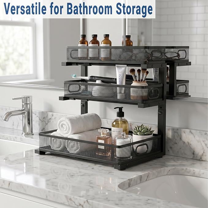 Under Kitchen Sink Organizer,3-Tier Black Metal Pull Out Cabinet Organizers, Slide Out Under Sink Storage Drawers, Under Sink Organizer Bathroom Counter Shelf, Pantry Organization and Storage （2 Pack）