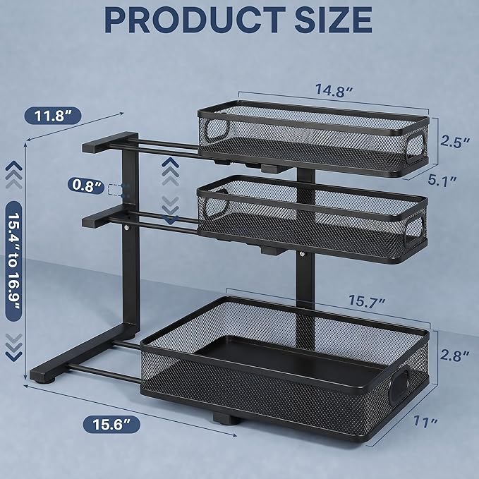 Under Kitchen Sink Organizer,3-Tier Black Metal Pull Out Cabinet Organizers, Slide Out Under Sink Storage Drawers, Under Sink Organizer Bathroom Counter Shelf, Pantry Organization and Storage （2 Pack）