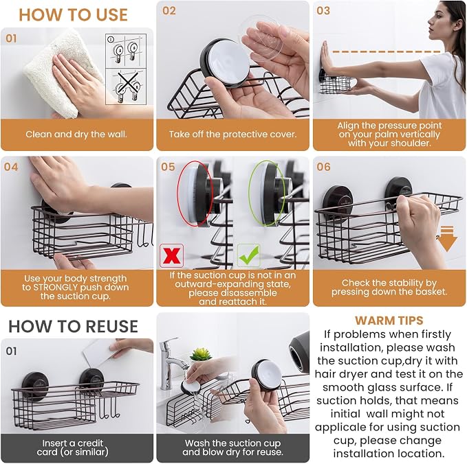 LEVERLOC Shower Caddy Suction Cup, 2 Pack Shelves for Inside with Hooks and Soap Organizer, NO-Drilling Bathroom Holder, Rustproof Meatl Bathroom Basket, Brown