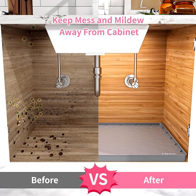 Sdpeia Under Sink Mat 28"×22" Waterproof Silicone Cabinet Liner & Sink Protector for Kitchen & Bathroom, Multi-Purpose Organizers Tray for Pets, Laundry, Cat Litter Mat,Gray