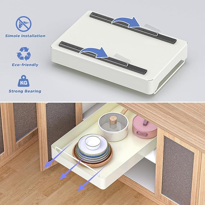 KMC Cabinet Pull-Out Organizer – No Screw, Double Layers Drawers, Peel & Stick Sliding Pantry Shelf – Kitchen Pullout with Home Adhesive
