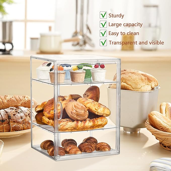 SANKEU Pastry Display Case,Bread Box for Kitchen Countertop,4 Layers Adjustable Clear Bread Storage with Magnetic Door Bakery Pastry Display15.5x11.4x9.8inch，1 Pack