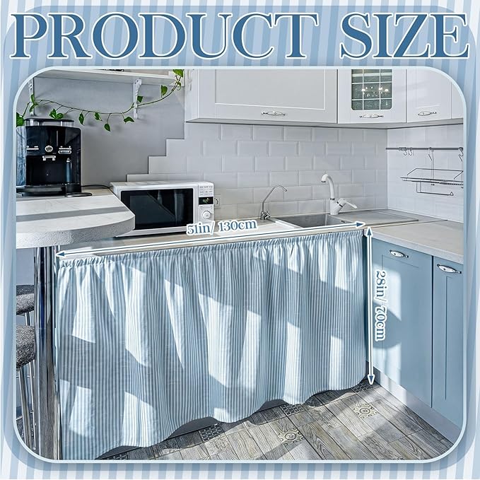 VitalCozy Cabinet Curtain 28" W x 51" L Sink Skirt for Bathroom Kitchen Blue Stripes Short Curtain for Home Classroom Farmhouse Rustic Drape Under Desk Privacy Drape for Laundry Room