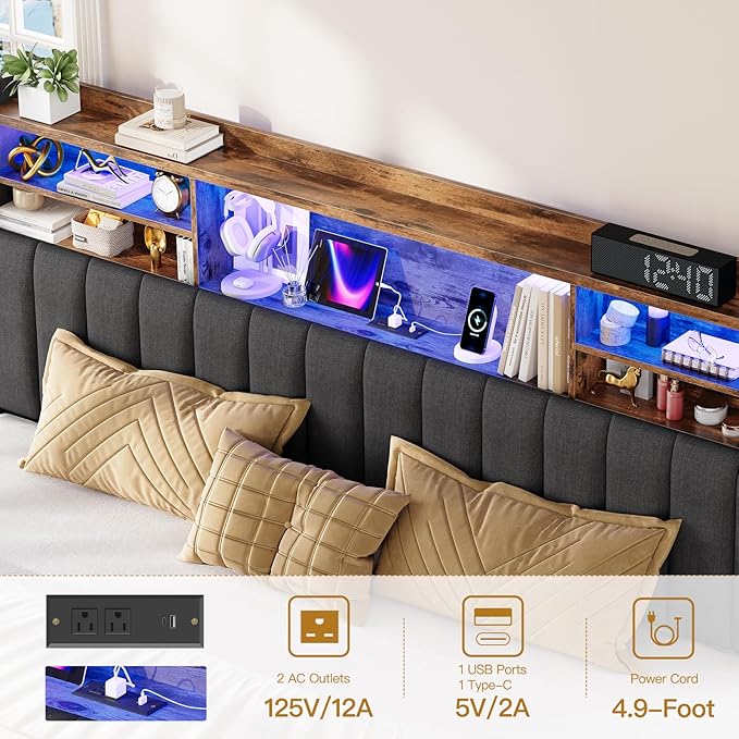 TEENFON King Size Bed Frame with Headboard and 4 Drawers Storage, Bed Frame King Built in LED Lights and Charging Station, Sturdy & Noise-Free Upholstered Platform Metal Bed, Dark Grey