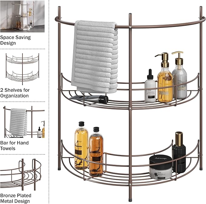 Lavish Home Pedestal Sink Organizer - Compact Under Sink Rack with 2 Storage Shelves and Towel Holder - Space Saving Bathroom Storage (Bronze)