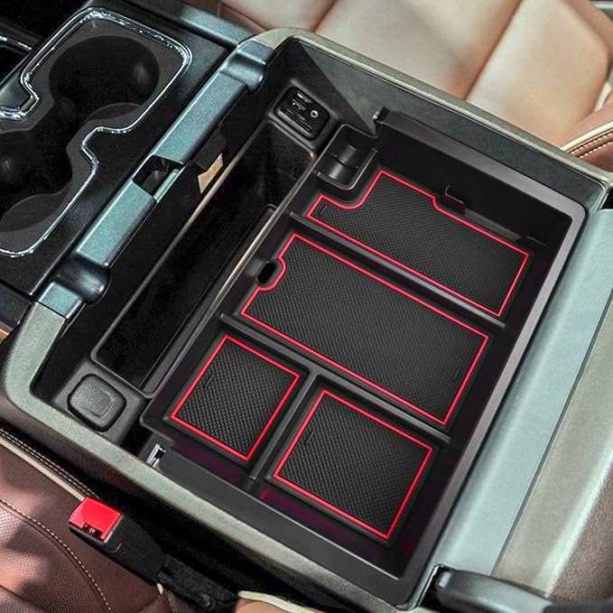 Full coverage Center Console Organizer Compatible with 2014-2018 GMC Sierra 1500 /Chevy Silverado 1500 Accessories 2015-2020 Yukon XL/Tahoe Suburban Insert Armrest Storage ABS Plastic, Red