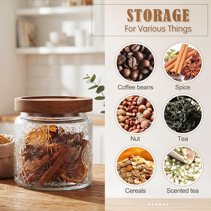 Suclain 5 Pcs Sunflower Vintage Glass Jars with Bamboo Airtight Lid 17/24/34 oz Glass Food Containers Storage for Kitchen Counter Pantry Sugar Flour Coffee Tea Candy Oats Cereal(Round)
