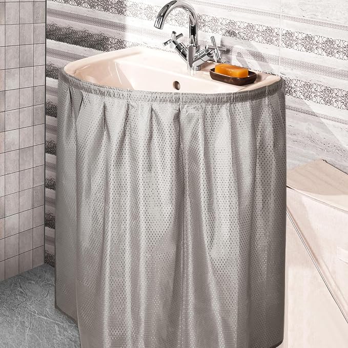 Fabric Sink Skirt Diamond Bathroom Stitch Self Stick Adhesive Waterproof Fabric Under Sink Curtain Skirt 55 x 32 Inch Adds Bathroom Storage(Silver Gray,Classic Style)