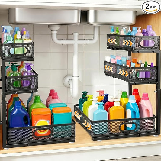 Under Sink Organizer for Bathroom, 3 Tier Adjustable Height Under Sink Storage, Sliding Pull Out Cabinet Organizer Shelf, Metal Multi-Purpose Cabinet Organizer for Kitchen (2 Pack, Black)