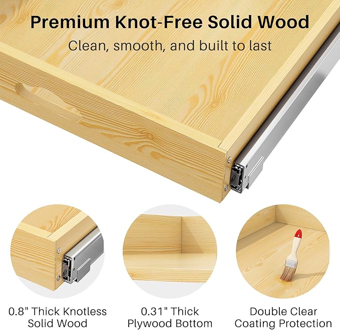 2Pack Pull Out Cabinet Organizer, Soft Close Wooden Slide Out Drawers for Pots, Full-extension Roll Out Shelves for Kitchen Cabinets, Pantry Organization, Bottom and Side Mount(21"W X 21"D x 3.4''H)