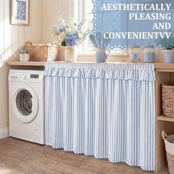 Blue Ruffle Gingham Sink Skirt Self-Adhesive Bathroom Stitch Self Stick Adhesive Fabric Under Sink Curtain Skirt 32'' x 55'' for Bathroom Kitchen Laundry Utility Room Decor(Stripe)
