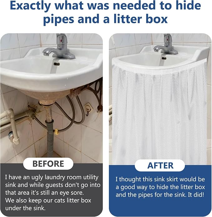 Fabric Sink Skirt for Pedestal Sinks – Waterproof Under Sink Curtain Skirt to Hide Cleaning Supplies – Self-Adhesive, Easy Install, 55 x 32 Inch Bathroom Storage Solution (White)