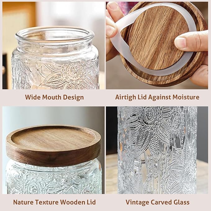 34 OZ Airtight Glass Storage Jar with Bamboo Lid - Vintage Glass Jar Vintage Food Containers Canisters Set for Kitchen Counter & Pantry - Ideal for Sugar, Flour, Coffee, Tea, Candy, Oats, Cereal