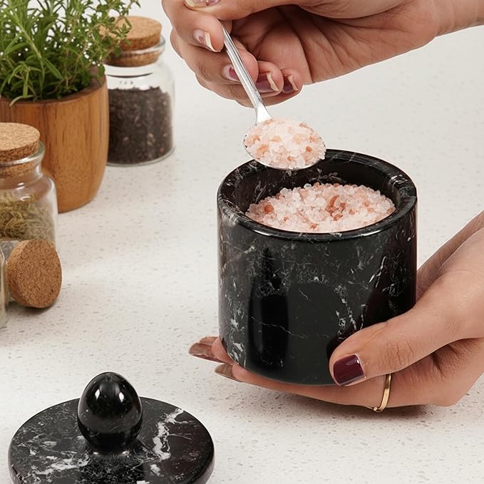 Marble Salt Cellar with Lid – Black 4 Inch Table Salt Container, Salt Jar, Salt Dish, Salt Holder, Spice Jar, Sugar Bowl, Seasoning Container, Salt Dispenser for Kitchen Countertop