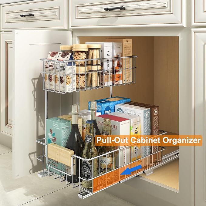 ROOMTEC Pull Out Cabinet Organizer Under Sink Slide Out Storage Shelf with 2 Tier Sliding Wire Drawer, Sliding Storage for Inside Kitchen Cabinet- 11½ in. W x 17¾ in. D (Left)