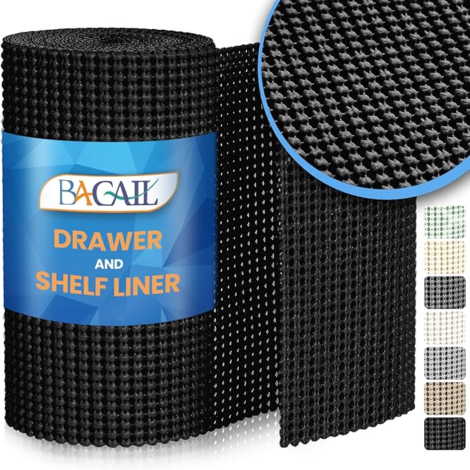 BAGAIL Non-Adhesive Shelf Liner, Thick Strong Grip Drawer Liners for Kitchen Cabinets, Heavy-Duty Easy Cut Cabinet Liners for Shelves, Pantry, Bathroom Cupboards - 12" x 20FT, Black